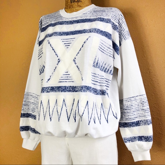Vintage 80s Abstract Geometric Triangle Wave Silkscreen Sweatshirt Straight Edge - Picture 2 of 5